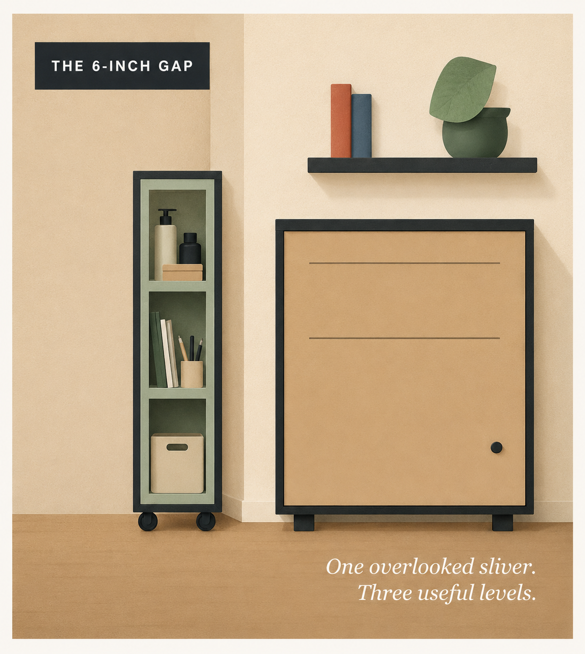 A narrow sage rolling cart makes use of the gap beside a compact cabinet.